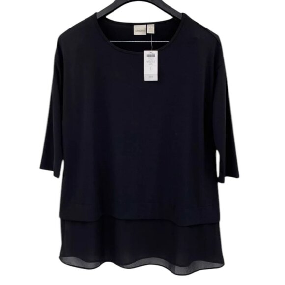 Chicos Black Layered Woven Hem 3/4 Sleeve Top Business Casual Sz 1 8/10 Medium - Picture 2 of 7